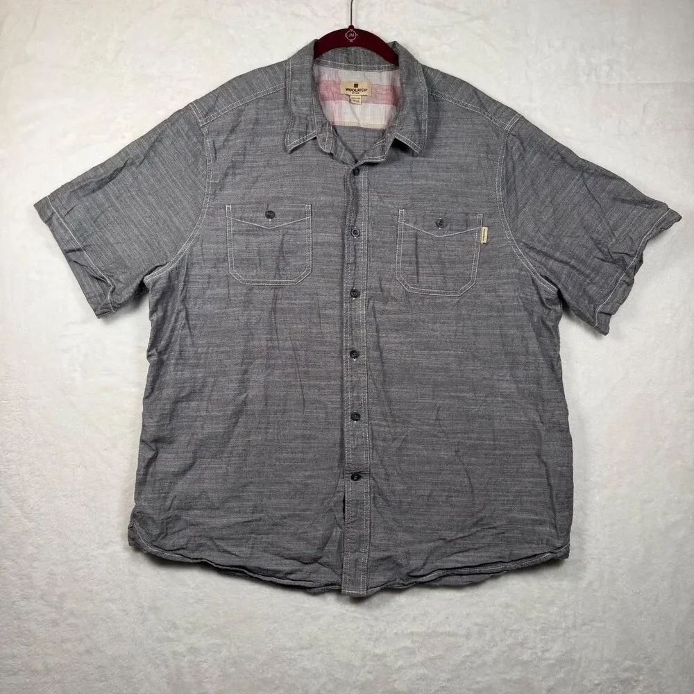 Woolrich Mens XXL Black Heather Short Sleeve Button Up Shirt 100% Cotton Utility